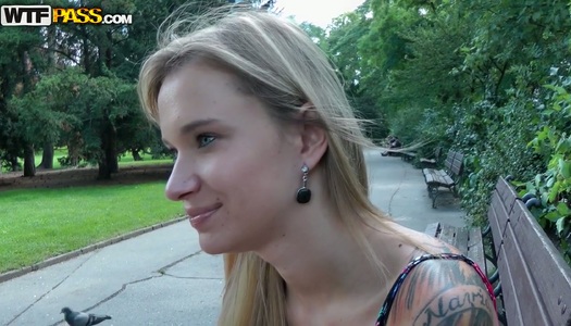 Pretty girl is chatting with a horny old guy in the park porn pics