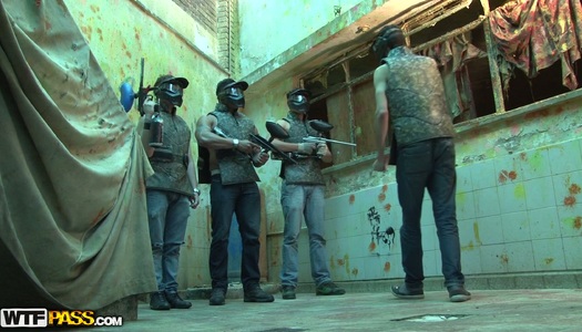 Crazy paintball game turns into pleasing horny brunette porn pics