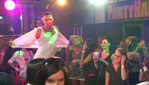 Blokey strip dancer hooks up with sizzling brunette for hard fuck porn pics