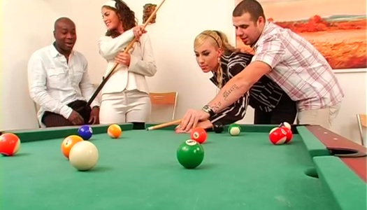 Bright and seductive gals with nice butts get fucked tough in the billiard hall porn pics