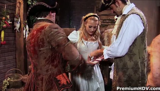 Luscious blondie gets her face splattered with cum after triple blowjob porn pics