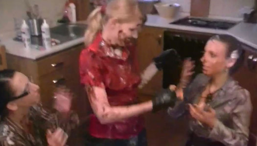 Three weird hotties cover each other with cream and lick it off the tits porn pics