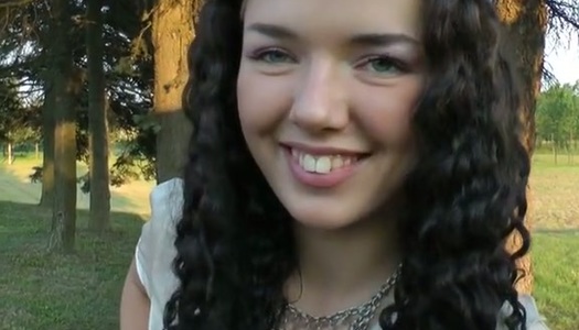 Beautiful curly teen strips in the public place and gives a head in POV porn pics