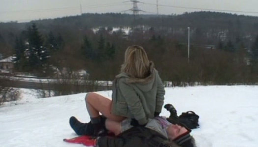 Dirty-minded hot blondie Ingrid gets fucked doggy by gaffer on cold winter day porn pics