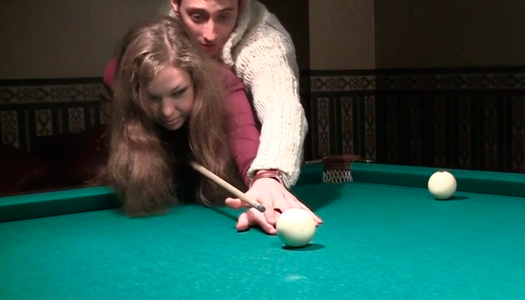 Toples girl with  small tits is playing billiard porn pics