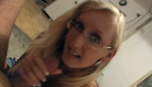 Four eyed blonde seductress gives her lover a nice blowjob porn pics