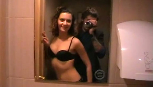 Amateur tipsy brunette desires to suck a tasty lollicock in the restroom porn pics