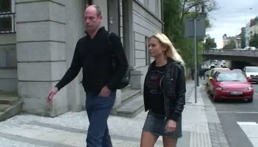 Shameless blonde slut Katja gives hot handjob in public porn pics