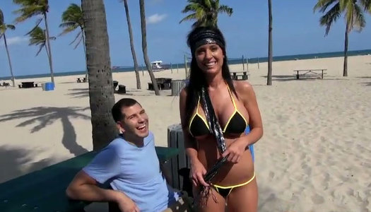 Sexy busty miflie is picked up on the beach for a quickie porn pics