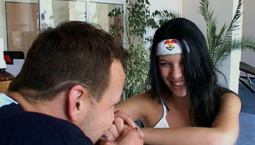 Sexy slender brunette spreads legs on the counter to get her wet teen pussy licked porn pics