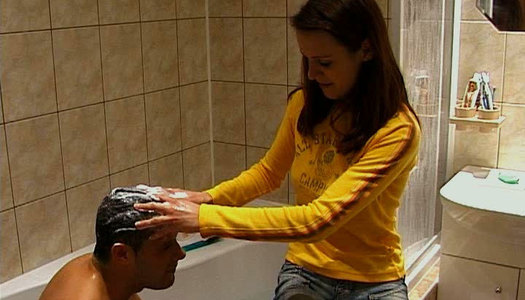 Skinny tanned brunette teen seduces a man and sucks his dick in the bathroom porn pics