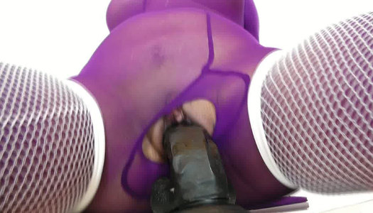 Chubby brunette slut in bodysticking masturbates with huge dildo porn pics