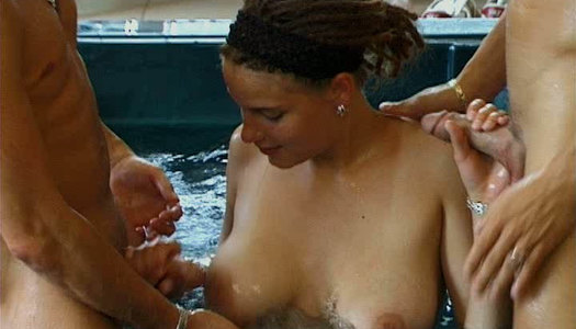 Super hot and sexy brunette teen chick is fucked hard in dirty MMF threesome in a spa porn pics