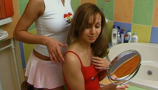 Two jaw dropping teens in sexy skirts go wild in the bath room porn pics