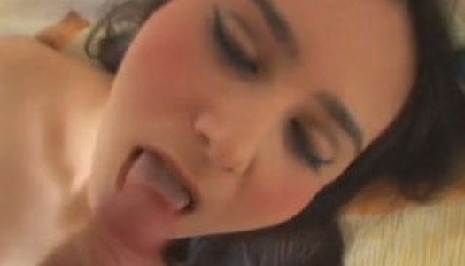 Sassy dark head slut with big natural boobs is sucking cock in POV porn pics