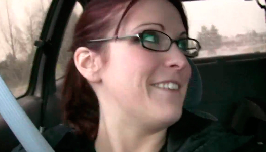 Four eyed red haired girlfriend plays with her pussy in the car porn pics