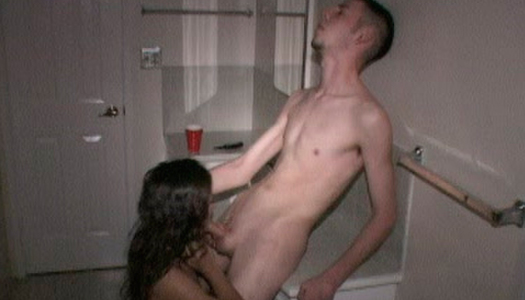 Horny slim brunette sucks the dick of skinny pale dude in the bathroom porn pics