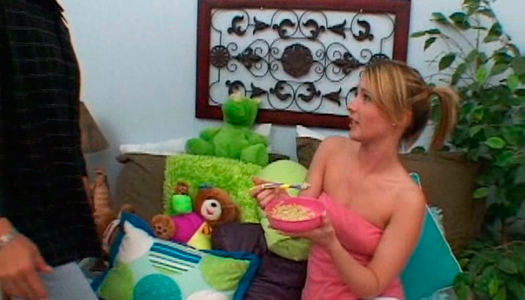 Sizzling brunette teen shows off her small tits to aroused fucker porn pics