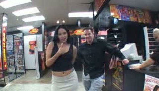 Sexy brunette bitch is flirting with shop assistant porn pics