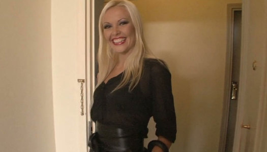 Tall blonde hooker is drilling her butt hole with fat dildo porn pics