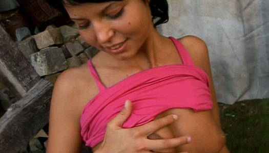 Brunette nympho with small tits pleases her pussy with dildo porn pics