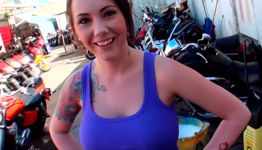 Bosomy biker babe polishes dick of one raunchy dude porn pics