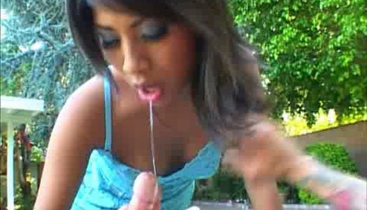 Lewd Asian kitty gives massage and hot sloppy blowjob in backyard porn pics