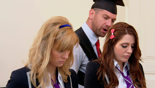 Two provocative student seduce head master and fuck him on a table porn pics