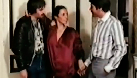 Busty brunette MILF with hairy pussy gets boned in threesome porn pics