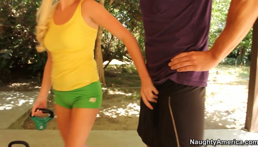 Horny teen chick Elaina Raye gives a head to her personal trainer porn pics