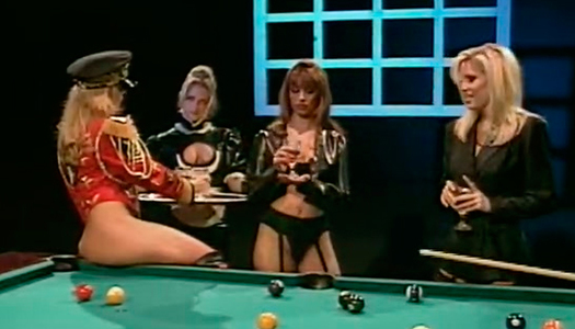 Bunch of hungry lesbo babes fucked each other with strapon on billiard table porn pics