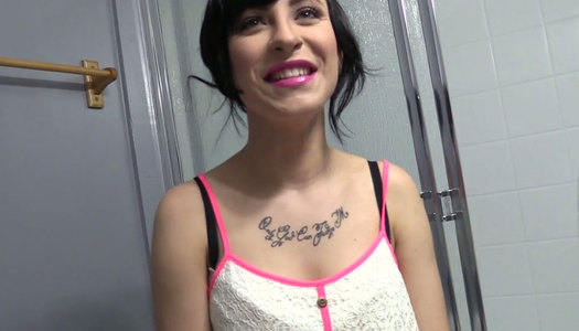 Lusty brunette teen Sandra Luberc takes shower before blowing BBC of her guy porn pics