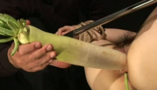 Fixed busty Japanese black head gets pussy drilled with huge radish porn pics