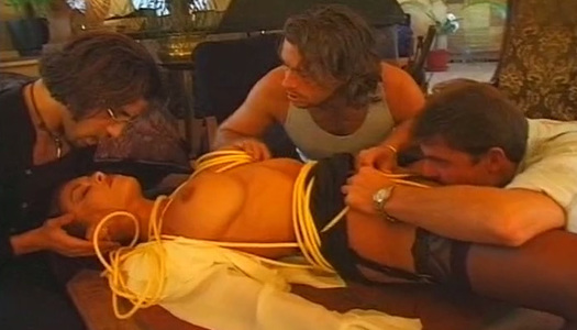 Weird looking busty brunette MILF gets mouth fucked hard by horny studs porn pics