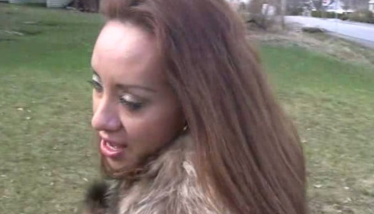 Wanton redhead cutie Victoria performs steamy BJ to her guy outdoors porn pics