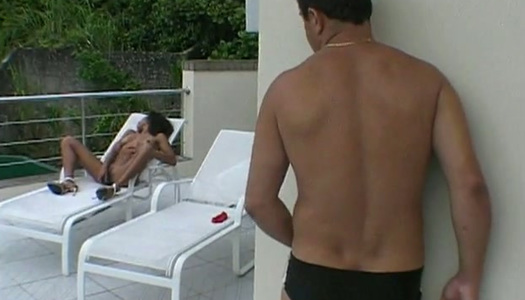 Curly svelte ebony nympho masturbates on deck chair and gives BJ porn pics