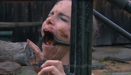 Restrained chick is punished with water stream outdoor porn pics