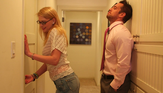 Slutty blond nerd Allie James sucks a cock in the hall porn pics