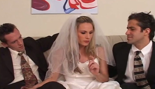 Horn-mad and cum voracious blonde bride works on two stiff dicks at once porn pics