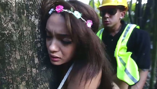 Slutty curvy brunette chick lures worker to be fucked right outdoors porn pics