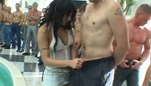 Lustful bitch with jet black hair blows several cocks by the pool porn pics