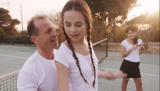 Horny trainer fucks duo of sexy slim girlies after nice tennis game porn pics