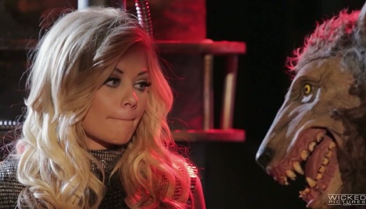 Blonde Riley Steele gives blowjob to horny dude in teddy bear costume porn pics