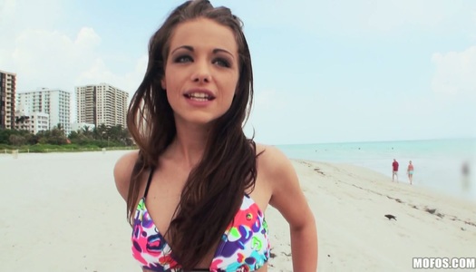 Brown haired hooker in bikini Michelle Bella swallows mushroom head on POV porn pics