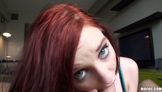 Kinky redhead babe Ginger maxx blows bowed dick on POV porn pics