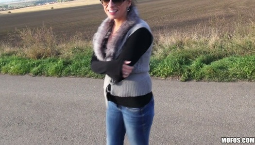 Beautiful brunette chick Zuzana gives blowjob on the road for cash porn pics