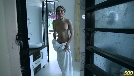 Seductive shemale Sofia Obregon gives an interview before shooting porn pics