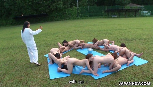 The horny mentor arranges crazy Japanese orgy in the park porn pics