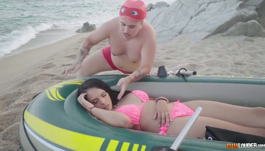 Two kinky dudes fuck super juicy Spanish milf Katrina Moreno chick on the beach porn pics