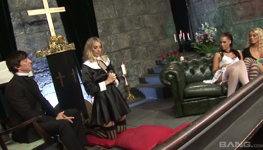 Sizzling nun Jordan Kingsley prays for her sins and takes part in crazy orgy porn pics